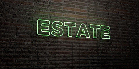 ESTATE -Realistic Neon Sign on Brick Wall background - 3D rendered royalty free stock image. Can be used for online banner ads and direct mailers..