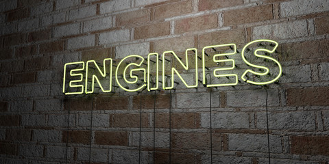 ENGINES - Glowing Neon Sign on stonework wall - 3D rendered royalty free stock illustration.  Can be used for online banner ads and direct mailers..