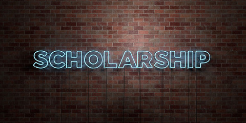 SCHOLARSHIP - fluorescent Neon tube Sign on brickwork - Front view - 3D rendered royalty free stock picture. Can be used for online banner ads and direct mailers..