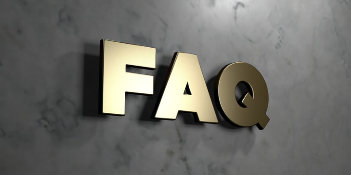 Faq - Gold sign mounted on glossy marble wall  - 3D rendered royalty free stock illustration. This image can be used for an online website banner ad or a print postcard.