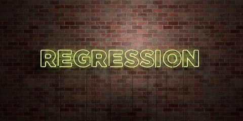 REGRESSION - fluorescent Neon tube Sign on brickwork - Front view - 3D rendered royalty free stock picture. Can be used for online banner ads and direct mailers..