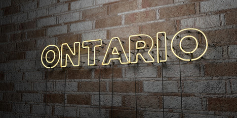ONTARIO - Glowing Neon Sign on stonework wall - 3D rendered royalty free stock illustration.  Can be used for online banner ads and direct mailers..