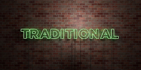 TRADITIONAL - fluorescent Neon tube Sign on brickwork - Front view - 3D rendered royalty free stock picture. Can be used for online banner ads and direct mailers..