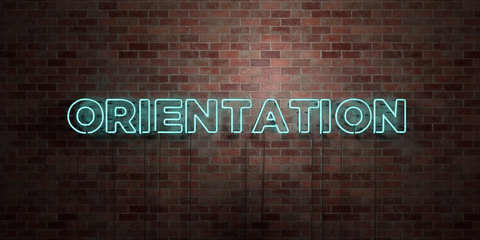 ORIENTATION - fluorescent Neon tube Sign on brickwork - Front view - 3D rendered royalty free stock picture. Can be used for online banner ads and direct mailers..