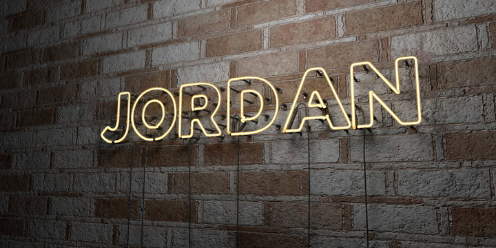 JORDAN - Glowing Neon Sign on stonework wall - 3D rendered royalty free stock illustration.  Can be used for online banner ads and direct mailers..