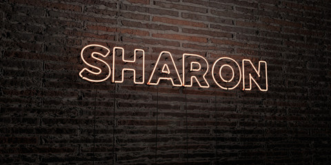 SHARON -Realistic Neon Sign on Brick Wall background - 3D rendered royalty free stock image. Can be used for online banner ads and direct mailers..