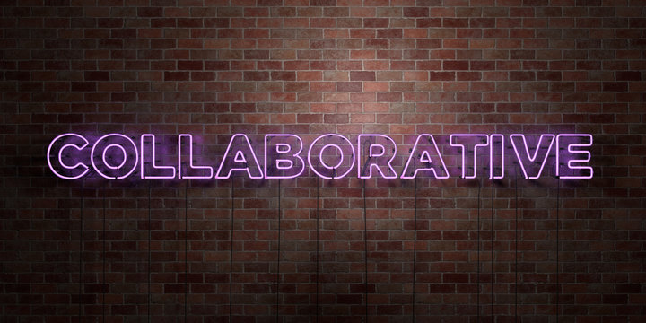 COLLABORATIVE - fluorescent Neon tube Sign on brickwork - Front view - 3D rendered royalty free stock picture. Can be used for online banner ads and direct mailers..