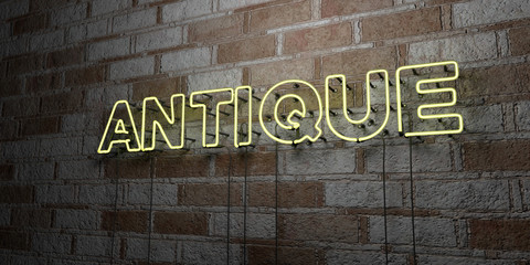 ANTIQUE - Glowing Neon Sign on stonework wall - 3D rendered royalty free stock illustration.  Can be used for online banner ads and direct mailers..