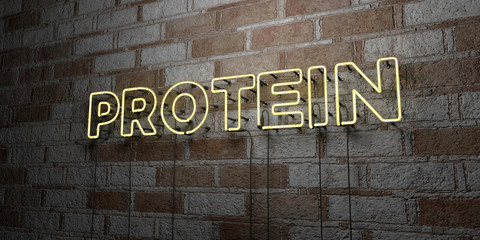 Fototapeta na wymiar PROTEIN - Glowing Neon Sign on stonework wall - 3D rendered royalty free stock illustration. Can be used for online banner ads and direct mailers..