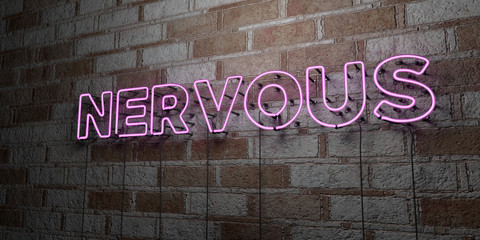 NERVOUS - Glowing Neon Sign on stonework wall - 3D rendered royalty free stock illustration.  Can be used for online banner ads and direct mailers..