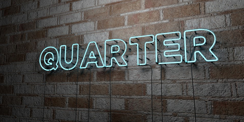 QUARTER - Glowing Neon Sign on stonework wall - 3D rendered royalty free stock illustration.  Can be used for online banner ads and direct mailers..
