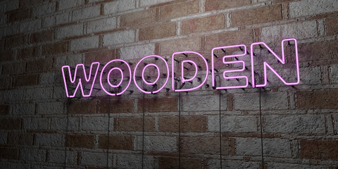 WOODEN - Glowing Neon Sign on stonework wall - 3D rendered royalty free stock illustration.  Can be used for online banner ads and direct mailers..