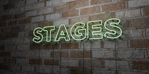 STAGES - Glowing Neon Sign on stonework wall - 3D rendered royalty free stock illustration.  Can be used for online banner ads and direct mailers..