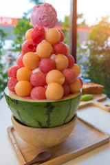 Mixed Fruit with Sweetened condensed milk on Ice cream