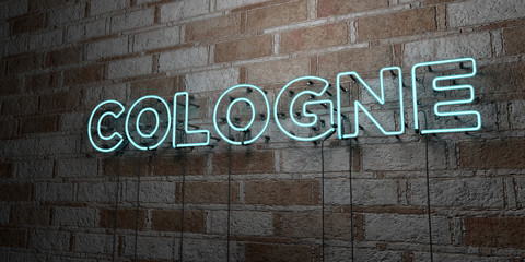 COLOGNE - Glowing Neon Sign on stonework wall - 3D rendered royalty free stock illustration.  Can be used for online banner ads and direct mailers..