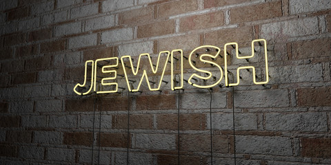 JEWISH - Glowing Neon Sign on stonework wall - 3D rendered royalty free stock illustration.  Can be used for online banner ads and direct mailers..