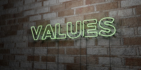 Fototapeta na wymiar VALUES - Glowing Neon Sign on stonework wall - 3D rendered royalty free stock illustration. Can be used for online banner ads and direct mailers..