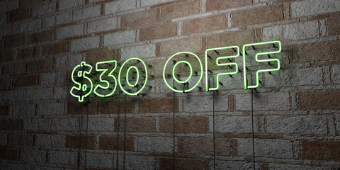 Fototapeta na wymiar $30 OFF - Glowing Neon Sign on stonework wall - 3D rendered royalty free stock illustration. Can be used for online banner ads and direct mailers..