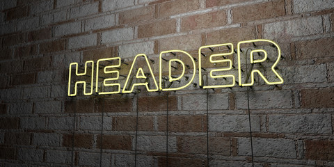 HEADER - Glowing Neon Sign on stonework wall - 3D rendered royalty free stock illustration.  Can be used for online banner ads and direct mailers..