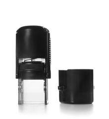 Self-inking black stamp on white background
