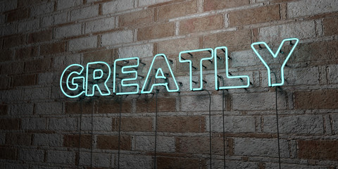 GREATLY - Glowing Neon Sign on stonework wall - 3D rendered royalty free stock illustration.  Can be used for online banner ads and direct mailers..