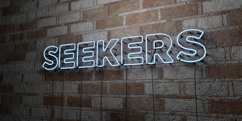 SEEKERS - Glowing Neon Sign on stonework wall - 3D rendered royalty free stock illustration.  Can be used for online banner ads and direct mailers..