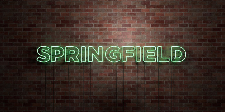SPRINGFIELD - fluorescent Neon tube Sign on brickwork - Front view - 3D rendered royalty free stock picture. Can be used for online banner ads and direct mailers..