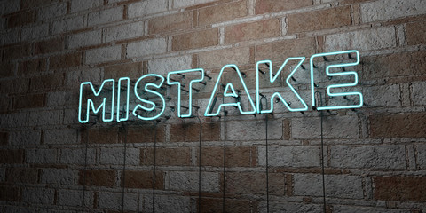 MISTAKE - Glowing Neon Sign on stonework wall - 3D rendered royalty free stock illustration.  Can be used for online banner ads and direct mailers..