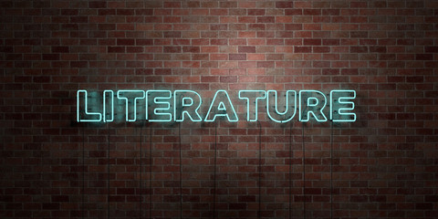 LITERATURE - fluorescent Neon tube Sign on brickwork - Front view - 3D rendered royalty free stock picture. Can be used for online banner ads and direct mailers..
