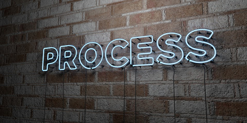 PROCESS - Glowing Neon Sign on stonework wall - 3D rendered royalty free stock illustration.  Can be used for online banner ads and direct mailers..
