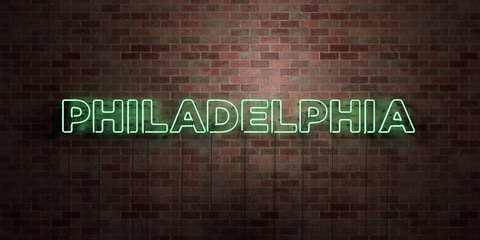 PHILADELPHIA - fluorescent Neon tube Sign on brickwork - Front view - 3D rendered royalty free stock picture. Can be used for online banner ads and direct mailers..