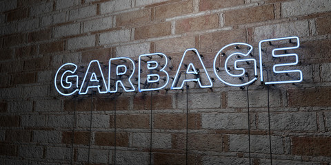 GARBAGE - Glowing Neon Sign on stonework wall - 3D rendered royalty free stock illustration.  Can be used for online banner ads and direct mailers..
