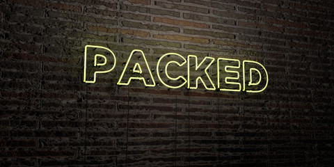 PACKED -Realistic Neon Sign on Brick Wall background - 3D rendered royalty free stock image. Can be used for online banner ads and direct mailers..