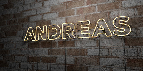 ANDREAS - Glowing Neon Sign on stonework wall - 3D rendered royalty free stock illustration.  Can be used for online banner ads and direct mailers..