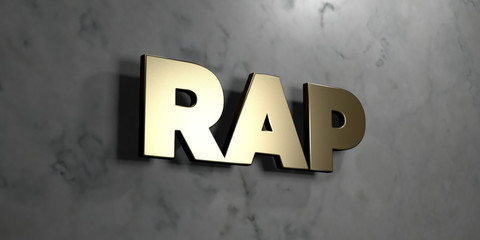 Rap - Gold sign mounted on glossy marble wall  - 3D rendered royalty free stock illustration. This image can be used for an online website banner ad or a print postcard.
