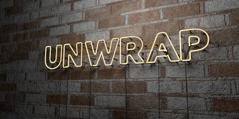 UNWRAP - Glowing Neon Sign on stonework wall - 3D rendered royalty free stock illustration.  Can be used for online banner ads and direct mailers..