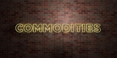 COMMODITIES - fluorescent Neon tube Sign on brickwork - Front view - 3D rendered royalty free stock picture. Can be used for online banner ads and direct mailers..