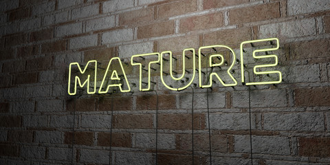 MATURE - Glowing Neon Sign on stonework wall - 3D rendered royalty free stock illustration.  Can be used for online banner ads and direct mailers..