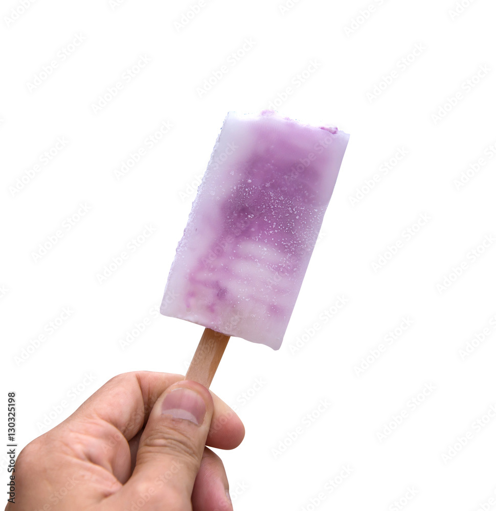 Wall mural bite ice cream, frozen strawberry yogurt isolated on white backg