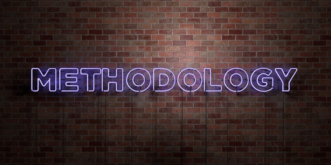 METHODOLOGY - fluorescent Neon tube Sign on brickwork - Front view - 3D rendered royalty free stock picture. Can be used for online banner ads and direct mailers..