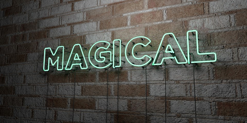 MAGICAL - Glowing Neon Sign on stonework wall - 3D rendered royalty free stock illustration.  Can be used for online banner ads and direct mailers..