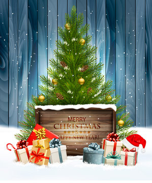 Holiday background with a Christmas tree and presents with santa