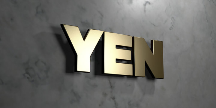 Yen - Gold sign mounted on glossy marble wall  - 3D rendered royalty free stock illustration. This image can be used for an online website banner ad or a print postcard.