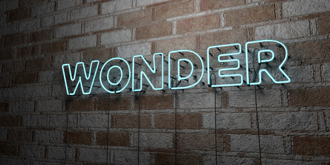 Fototapeta na wymiar WONDER - Glowing Neon Sign on stonework wall - 3D rendered royalty free stock illustration. Can be used for online banner ads and direct mailers..