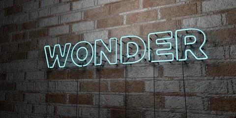 Fototapeten WONDER - Glowing Neon Sign on stonework wall - 3D rendered royalty free stock illustration.  Can be used for online banner ads and direct mailers.. © Chris Titze Imaging