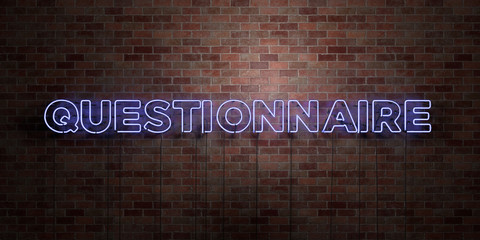 QUESTIONNAIRE - fluorescent Neon tube Sign on brickwork - Front view - 3D rendered royalty free stock picture. Can be used for online banner ads and direct mailers..