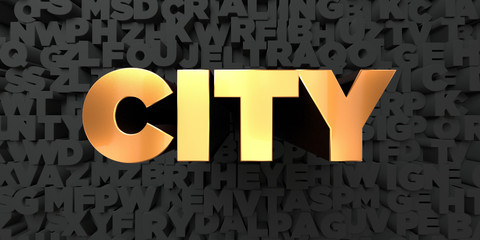 City - Gold text on black background - 3D rendered royalty free stock picture. This image can be used for an online website banner ad or a print postcard.