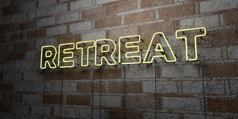 RETREAT - Glowing Neon Sign on stonework wall - 3D rendered royalty free stock illustration.  Can be used for online banner ads and direct mailers..