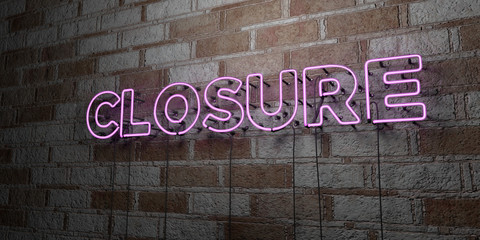 CLOSURE - Glowing Neon Sign on stonework wall - 3D rendered royalty free stock illustration.  Can be used for online banner ads and direct mailers..