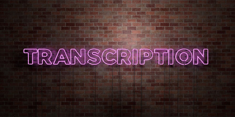 TRANSCRIPTION - fluorescent Neon tube Sign on brickwork - Front view - 3D rendered royalty free stock picture. Can be used for online banner ads and direct mailers..